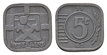 Нидерланды 5 центов 1942 Вильгельмина (1890-1948) KM 172 цинк 44-1127