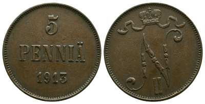 Россия для Финляндии 5 пенни 1913 Николай II (1894-1917) КМ 15, Биткин 453 медь 4382-835