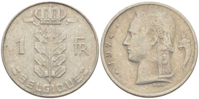 Бельгия 1 франк 1974 Belgique, Бодуэн I (1951-1993) KM 142.1 медно-никель 119-527