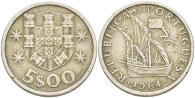 ПОРТУГАЛИЯ 5 ЭСКУДО 1964 ПАРУСНИК KM 591 медно-никель 4513-1036