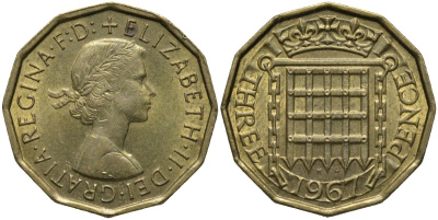 Великобритания 3 пенса 1967 Елизавета II (1952-2022) KM 900, Spink 4153 никель латунь 4171-552