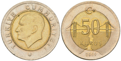 Турция 50 курушей 2009 KM 1243 биметалл 4610-1127