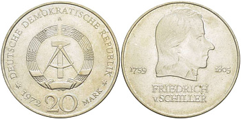 ГДР 20 марок 1972 А, Фридрих Шиллер (1759-1805) KM 40 медно-никель 4521-645