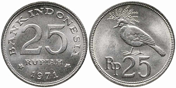Индонезия 25 рупий 1971 венценосный голубь KM 34 медно-никель 86-1033