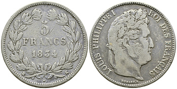 Франция 5 франков 1834 K, Луи Филипп I (1830-1848) KM 749.7 серебро 4386-222