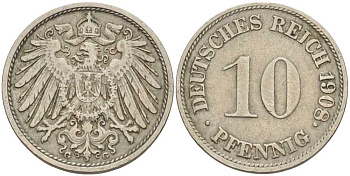 ГЕРМАНИЯ 10 ПФЕННИГОВ 1908 G KM 12, J. 13 медно-никель 31-324