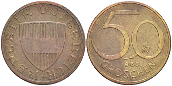Австрия 50 грошей 1963 KM 2885 алюминиевая бронза 4528-711