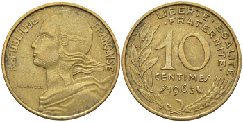 ФРАНЦИЯ 10 САНТИМОВ 1963 ТИП MARIANE KM 929, LE FRANC 144.3 алюминиевая бронза 116-419