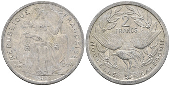 Французская Новая Каледония 2 франка 2004 птица кагу, (IEOM) KM 14, Schoen 11, Lec 68i алюминий    25-1754