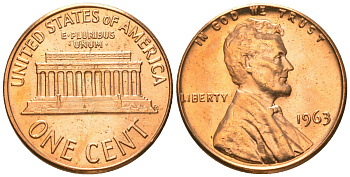 США 1 цент 1963 Линкольн, из ролика KM 201 медь цинк  UNC  M58-19