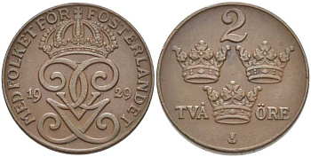 Швеция 2 эре 1929 Густав V (1907-1950) KM 778 бронза 119-1017