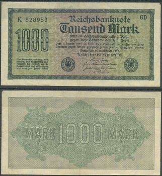Германия 1000 марок 1922 Pick 76 a бумага 6285-59-2-2