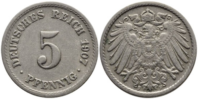 ГЕРМАНИЯ 5 ПФЕННИГОВ 1907 F KM 11, Jager 12, Weege 6 медно-никель 4547-459