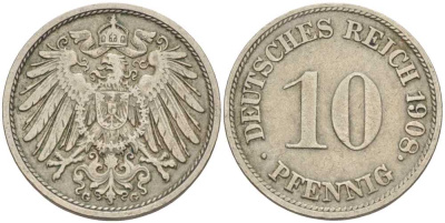 ГЕРМАНИЯ 10 ПФЕННИГОВ 1908 G KM 12, J. 13 медно-никель 31-324
