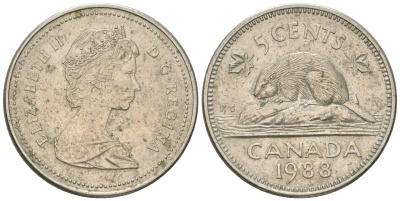 Канада 5 центов 1988 Елизавета II (1952-2022), бобр KM 60.2a медно-никель aUNC 4617-934