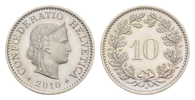 Швейцария 10 раппенов 2010 B KM 27 медно-никель UNC 4547-218
