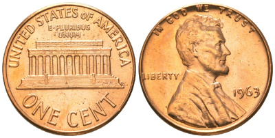 США 1 цент 1963 Линкольн, из ролика KM 201 медь цинк  UNC  M58-19