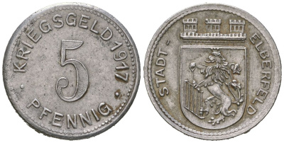 Эльберфельд (Пруссия, Рейн) 5 пфеннингов 1917 Funck 111.4, Men05 6413.5, Men18 8040.5 железо aUNC 4169-1062
