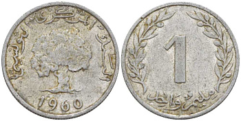 Тунис 1 миллим 1960 пробковый дуб KM 280 алюминий 105-832