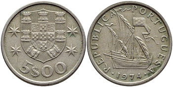 ПОРТУГАЛИЯ 5 ЭСКУДО 1974 ПАРУСНИК KM 591 медно-никель 4395-856