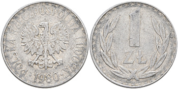 ПОЛЬША 1 ЗЛОТЫЙ 1980 MW KM 49.1 алюминий 106-534