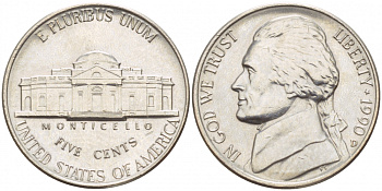 США 5 ЦЕНТОВ 1990 D, ДЖЕФЕРСОН KM А192 медно-никель 4546-1222