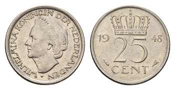 Нидерланды 25 центов 1948 Вильгельмина (1890-1948) KM 178 никель 4627-966