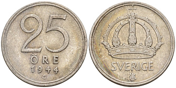 Швеция 25 эре 1944 G, Густав V (1907-1950) KM 816 серебро 4147-954