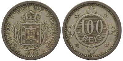 ПОРТУГАЛИЯ 100 РЕЙС 1900 КАРЛОС I (1889-1908) KM 546 медно-никель 77-741