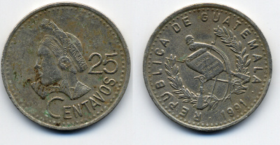 Гватемала 25 сентаво 1991 большая голова, Республика Гватемала KM 278.5  медно-никель 51-4843