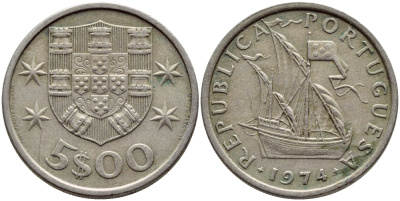 ПОРТУГАЛИЯ 5 ЭСКУДО 1974 ПАРУСНИК KM 591 медно-никель 4395-856