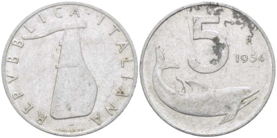ИТАЛИЯ 5 ЛИР 1954 R, РУЛЬ, ДЕЛЬФИН KM 92 алюминий 175-114