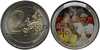 ЕВРОПА 2 ЕВРО 2011 ВИЗИТ В ГЕРМАНИЮ ПАПЫ БЕНЕДИКТА XVI, ЦВЕТНАЯ НАКЛЕЙКА, СЕРТИФИКАТ биметалл UNC 02-056-24