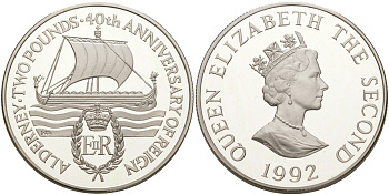 ОЛДЕРНИ 2 ФУНТА 1992 40 ЛЕТ ПРАВЛЕНИЯ ЕЛИЗАВЕТЫ II, КОРАБЛЬ ПОД ПАРУСОМ KM 3а серебро PROOF 1074-4-12