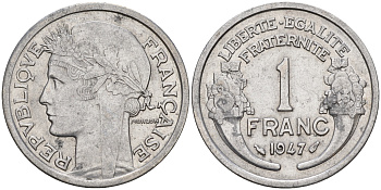 Франция 1 франк 1947 тип Морлон KM 885а.1 алюминий    4153-427