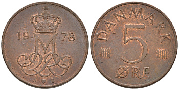 ДАНИЯ 5 ЭРЕ 1978 S; B, МАРГРЕТЕ II (1972-) KM 859.1 железо плакированное медью 4564-1165