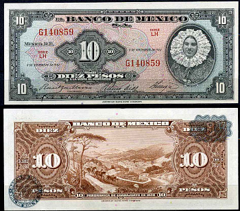 Мексика 10 песо 1961 25 января 1961, серия JT, портрет Эктор Луис де Веласкес, красная печать Pick 58h бумага UNC (пресс) 000-00-00