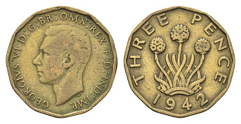 Великобритания 3 пенса 1942 Георг VI (1936-1952) KM 849, Spink 4112 никель латунь 4660-656