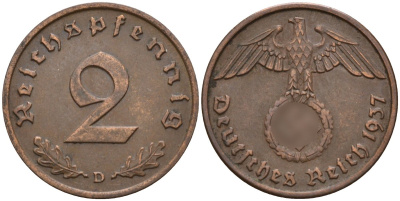 Германия 2 рейхспфеннига 1937 D KM 90, J. 362 бронза 4147-1255