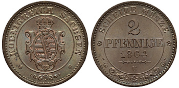Саксония 2 пфеннига 1864 В, Иоганн (1854-1873) KM 1217, Jaeger 121, AKS 155 медь UNC 44-1223