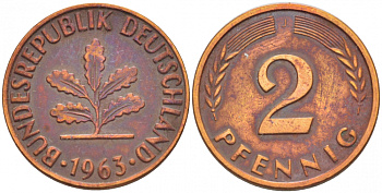 ФРГ 2 ПФЕННИГА 1963 J KM 106, J.381 бронза 4396-1555