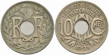 ФРАНЦИЯ 10 САНТИМОВ 1925 ТИП ЛИНДАЙЁ KM 866а, LE FRANC 138.12 медно-никель 108-147