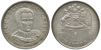 Чили 1 эскудо 1971 Хосе Мигель Каррера KM 197 медно-никель 4118-253