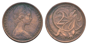 Австралия 2 цента 1966 Елизавета II (1952-2022), плащеносная ящерица KM 63 бронза 4655-1229