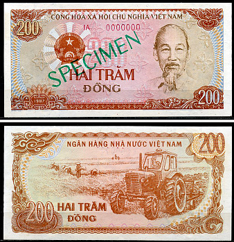 Вьетнам 200 донгов 1987 образец, Specimen, 0000000, Хо Ши Мин, трактор, большой шрифт, большое расстояние между серией и номером Pick 100 b s  бумага  UNC (пресс) 451-965-3