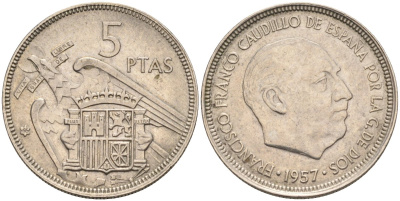 Испания 5 песет 1957(66) Франциско Франко (1939-1975) KM 786 медно-никель 4583-1146