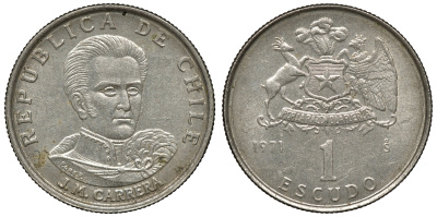 Чили 1 эскудо 1971 Хосе Мигель Каррера KM 197 медно-никель 4118-253