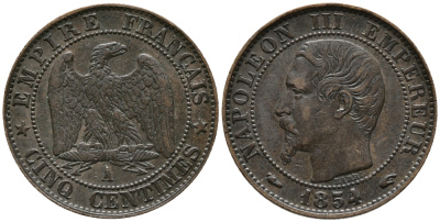 ФРАНЦИЯ 5 САНТИМОВ 1854 А, НАПОЛЕОН III (1852-1870) KM 777.1, LE FRANC 116.8 бронза 67-114