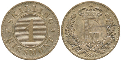 ДАНИЯ 1 СКИЛЛИНГ РИГСМОНТ 1860 ФРЕДЕРИК VII (1848-1863) KM 763 (С135) бронза 34-534