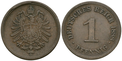 Германия 1 пфенниг 1888 D, Вильгельм I (1871-1888) KM 1, J. 1 медь 4387-954